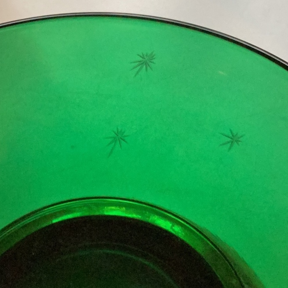 ⚜️ EMERALD GREEN GLASS  w/ Etched STARS GOLD PEDESTAL BASE EVC SERVICE BOWL VTG - Picture 4 of 16
